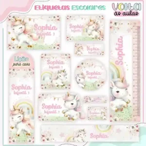 Kit adesivo escolar personalizado unicórnio em etiquetas para caderno e lápis para imprimir e editar