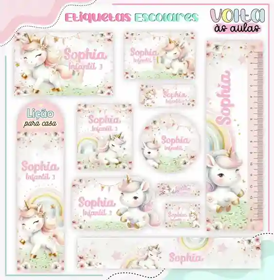 Kit adesivo escolar personalizado unicórnio em etiquetas para caderno e lápis para imprimir e editar