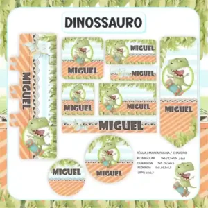 Kit adesivo escolar personalizado dinossauros em etiqueta para caderno e lápis para imprimir e editar