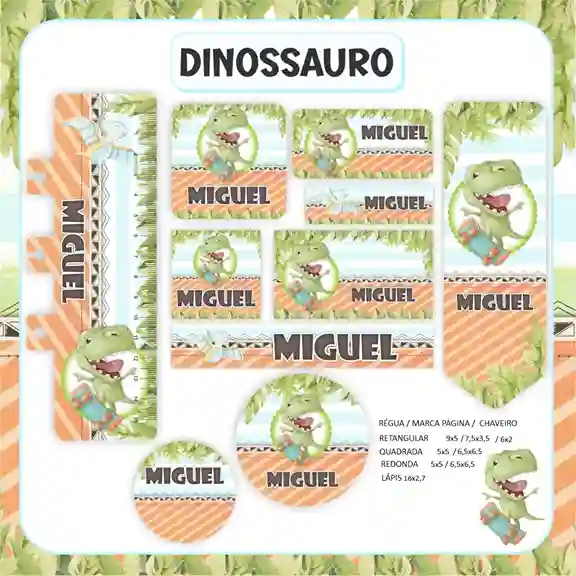 Kit adesivo escolar personalizado dinossauros em etiqueta para caderno e lápis para imprimir e editar