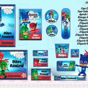 Kit de adesivo escolar no tema PJ Masks nos formatos Studio, PNG e PDF em alta resolução para cadernos e livros.
