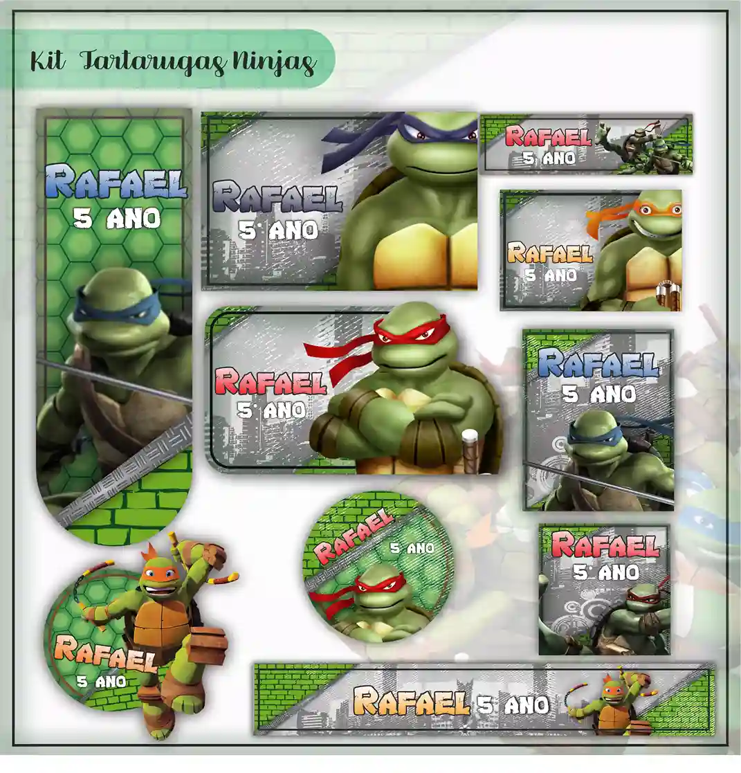 Kit de adesivo escolar no tema Tartarugas Ninjas no formato Studio em alta resolução para cadernos e livros.