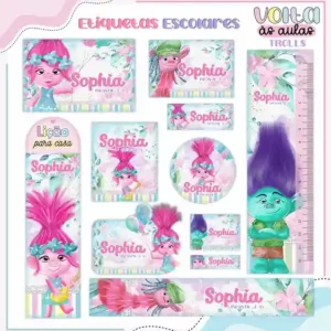 Kit de adesivo escolar no tema Trolls nos formatos Studio, PNG e PDF em alta resolução para cadernos e livros.