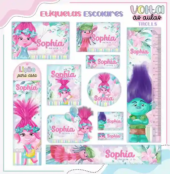 Kit de adesivo escolar no tema Trolls nos formatos Studio, PNG e PDF em alta resolução para cadernos e livros.
