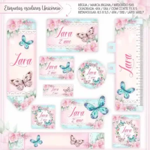 Kit de etiqueta escolar no tema Borboletas Rosa e Azul em alta resolução para cadernos, livros e material escolar.