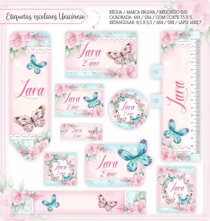 Kit de etiqueta escolar no tema Borboletas Rosa e Azul em alta resolução para cadernos, livros e material escolar.