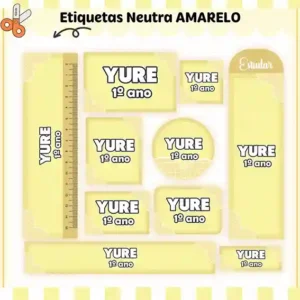 Kit etiqueta escolar digital neutro amarelo em adesivo para caderno e lápis para imprimir e editar