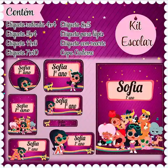 Kit etiqueta escolar personalizada Anittinha em adesivo para caderno e lápis para imprimir e editar