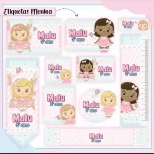 Kit etiqueta escolar personalizada bonequinha em adesivo para caderno e lápis para imprimir e editar