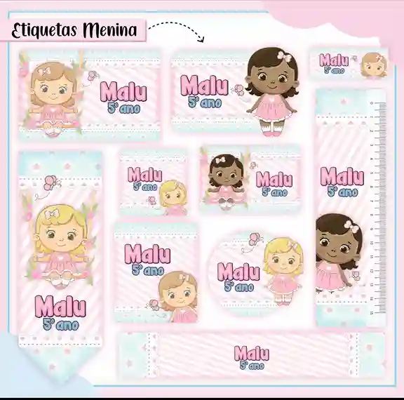 Kit etiqueta escolar personalizada bonequinha em adesivo para caderno e lápis para imprimir e editar