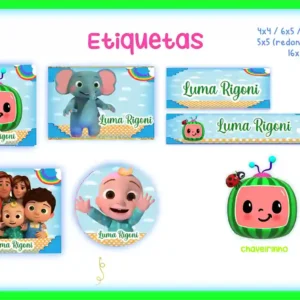 Kit de etiqueta escolar personalizada no tema Cocomelon em alta resolução para cadernos, livros e material escolar.