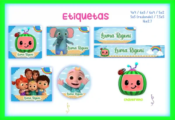Kit de etiqueta escolar personalizada no tema Cocomelon em alta resolução para cadernos, livros e material escolar.