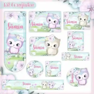 Kit etiqueta escolar personalizada Corujinha em adesivo para caderno e lápis para imprimir e editar