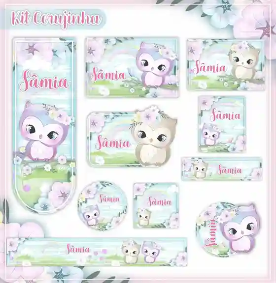 Kit etiqueta escolar personalizada Corujinha em adesivo para caderno e lápis para imprimir e editar