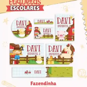 Kit de etiqueta escolar personalizada no tema Fazendinha em alta resolução para cadernos, livros e material escolar.
