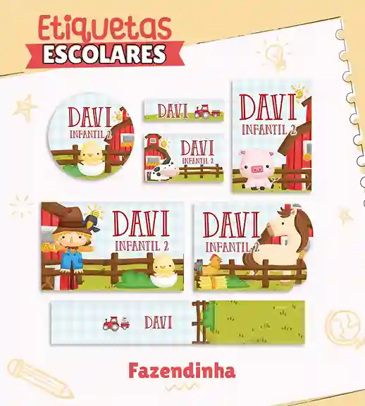 Kit de etiqueta escolar personalizada no tema Fazendinha em alta resolução para cadernos, livros e material escolar.