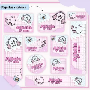 Kit de etiqueta escolar personalizada no tema Feminina em alta resolução para cadernos, livros e material escolar.