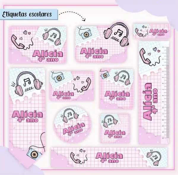 Kit de etiqueta escolar personalizada no tema Feminina em alta resolução para cadernos, livros e material escolar.