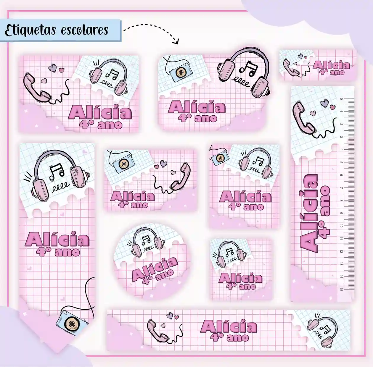 Kit de etiqueta escolar personalizada no tema Feminina em alta resolução para cadernos, livros e material escolar.