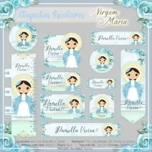 Kit de etiqueta escolar personalizada no tema Virgem Maria no formato Studio em alta resolução para cadernos.