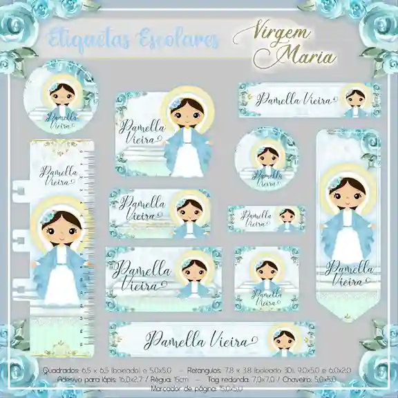 Kit de etiqueta escolar personalizada no tema Virgem Maria no formato Studio em alta resolução para cadernos.