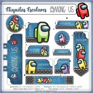 Kit de etiqueta escolar personalizada no tema Among Us em alta resolução para cadernos, livros e material escolar.
