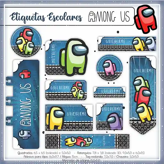 Kit de etiqueta escolar personalizada no tema Among Us em alta resolução para cadernos, livros e material escolar.