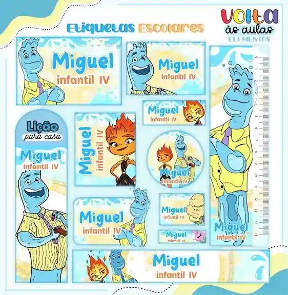 Kit de etiqueta escolar personalizada no tema Elementos no formato Studio para cadernos e livros escolares.
