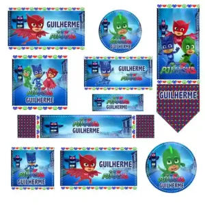 Kit etiqueta escolar personalizado PJ Masks em adesivo para caderno e lápis para imprimir e editar