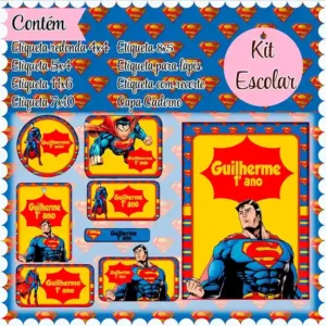 Kit etiqueta escolar personalizado Superman em adesivo para caderno e lápis para imprimir e editar