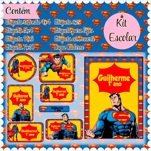 Kit etiqueta escolar personalizado Superman em adesivo para caderno e lápis para imprimir e editar