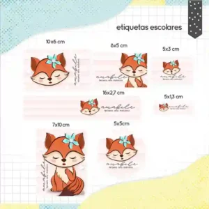 Kit de etiquetas escolares para imprimir no tema Raposinha em alta resolução para cadernos, livros e papéis.