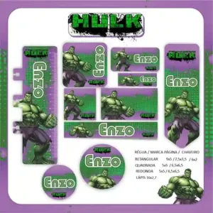 Kit de etiquetas escolares para imprimir no tema Hulk em alta resolução para cadernos, livros e material escolar.