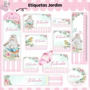 Kit de etiqueta escolar personalizada no tema Jardim Encantado em alta resolução para cadernos, livros e papéis.