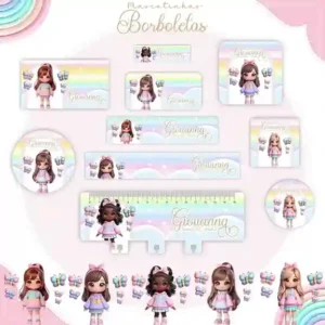 Kit etiqueta escolar tema Menina e Borboletas em adesivo para caderno e lápis para imprimir e editar