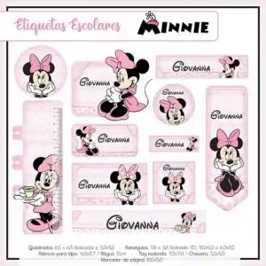 Kit adesivo escolar personalizada Minnie Rosa em etiqueta para caderno e lápis para imprimir e editar