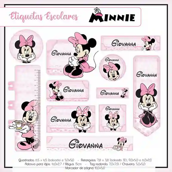 Kit adesivo escolar personalizada Minnie Rosa em etiqueta para caderno e lápis para imprimir e editar