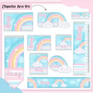 Kit de etiquetas escolares para imprimir no tema Arco-Íris em alta resolução para cadernos, livros e papéis.