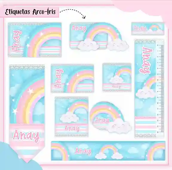 Kit de etiquetas escolares para imprimir no tema Arco-Íris em alta resolução para cadernos, livros e papéis.