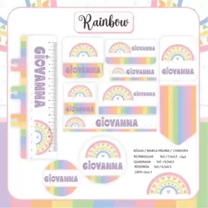 Kit de etiqueta escolar personalizada no tema Arco-Íris em alta resolução para cadernos, livros e material escolar.