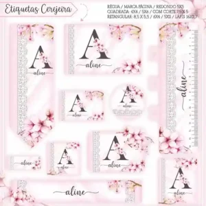 Kit de etiqueta escolar para imprimir no tema Flores em alta resolução para cadernos, livros e material escolar.