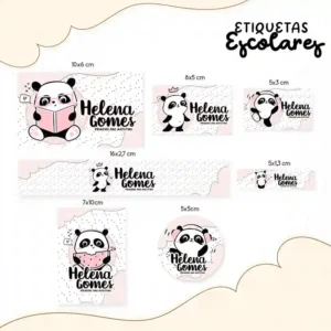 Kit de etiquetas escolares para imprimir no tema Panda em alta resolução para cadernos, livros e papéis.