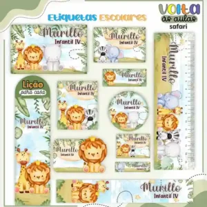 Kit de etiquetas escolares personalizadas no tema Safari em alta resolução para cadernos, livros e material escolar.