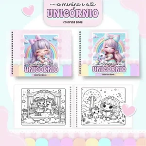 Livro de colorir e pintar Menina e Unicórnio para imprimir em caderno digital com capa em PNG e miolo em PDF