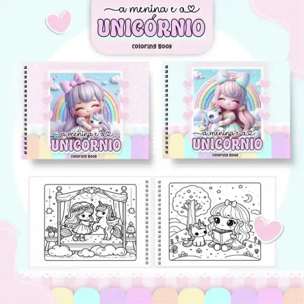 Livro de colorir e pintar Menina e Unicórnio para imprimir em caderno digital com capa em PNG e miolo em PDF