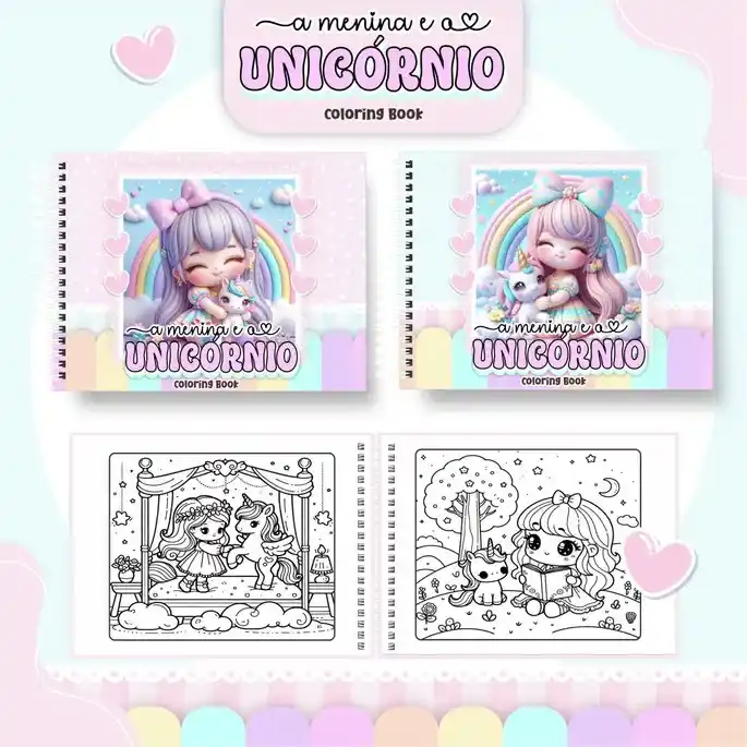 Livro de colorir e pintar Menina e Unicórnio para imprimir em caderno digital com capa em PNG e miolo em PDF