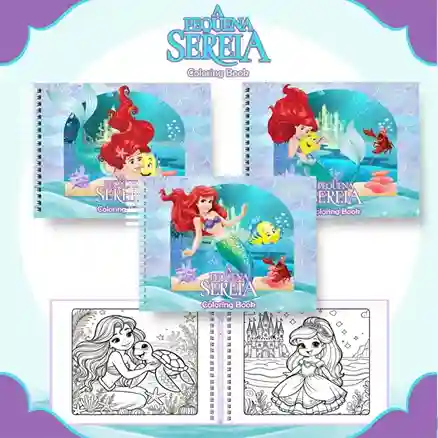Livro de colorir e pintar Pequena Sereia Ariel para imprimir em caderno digital com capa em PNG e miolo em PDF