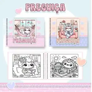 Livro de colorir e pintar Bicho Preguiça para imprimir em caderno digital com capa em PNG e miolo em PDF