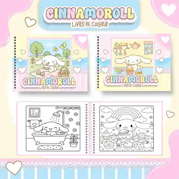 Livro de colorir e pintar Cinnamoroll para imprimir em caderno digital com capa em PNG e miolo em PDF