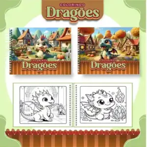 Livro de colorir e pintar Dragões para imprimir em caderno digital com capa em PNG e miolo em PDF